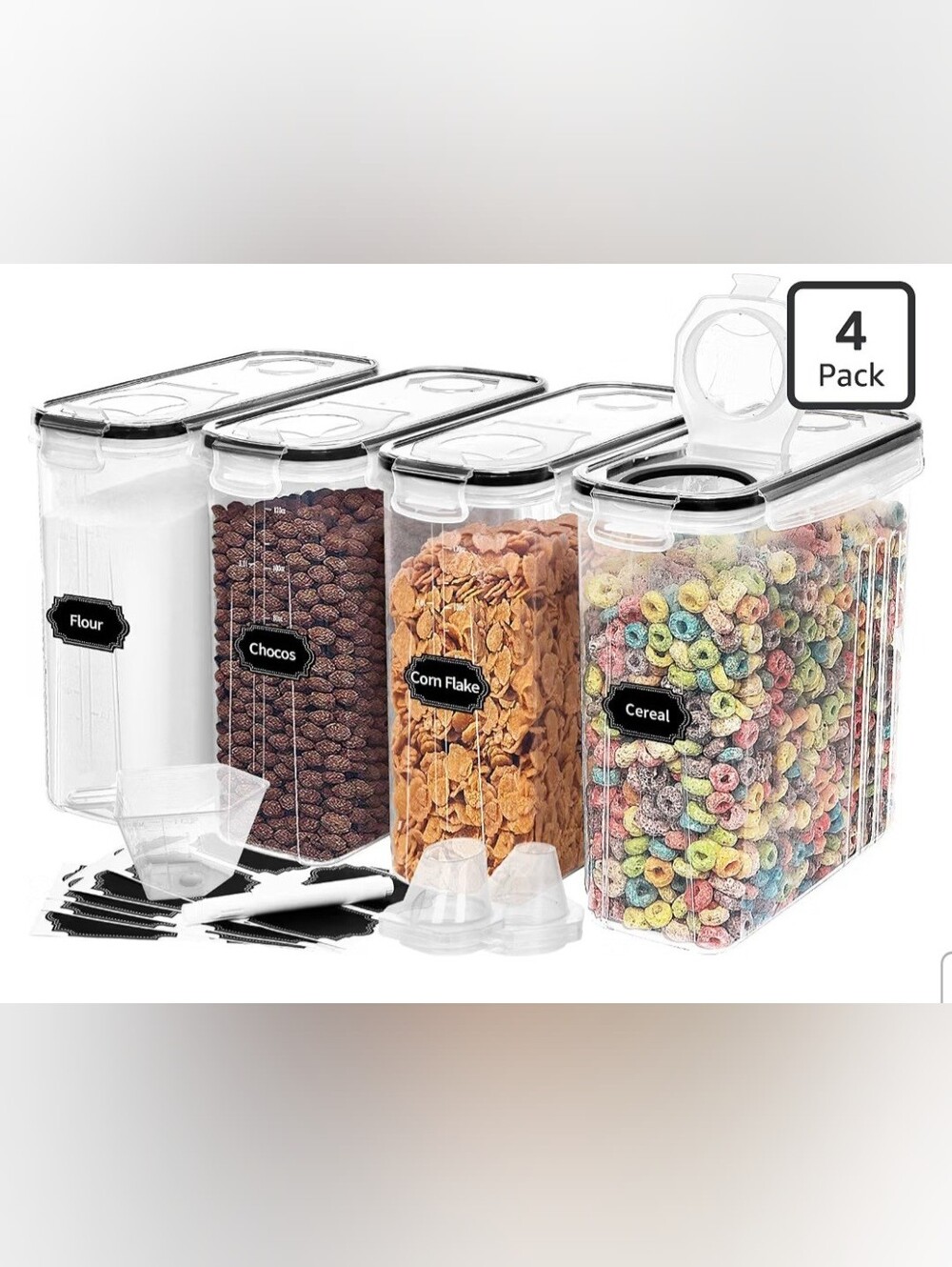 Airtight Clear Food Storage Canisters - Set of 3 (Black Lids)